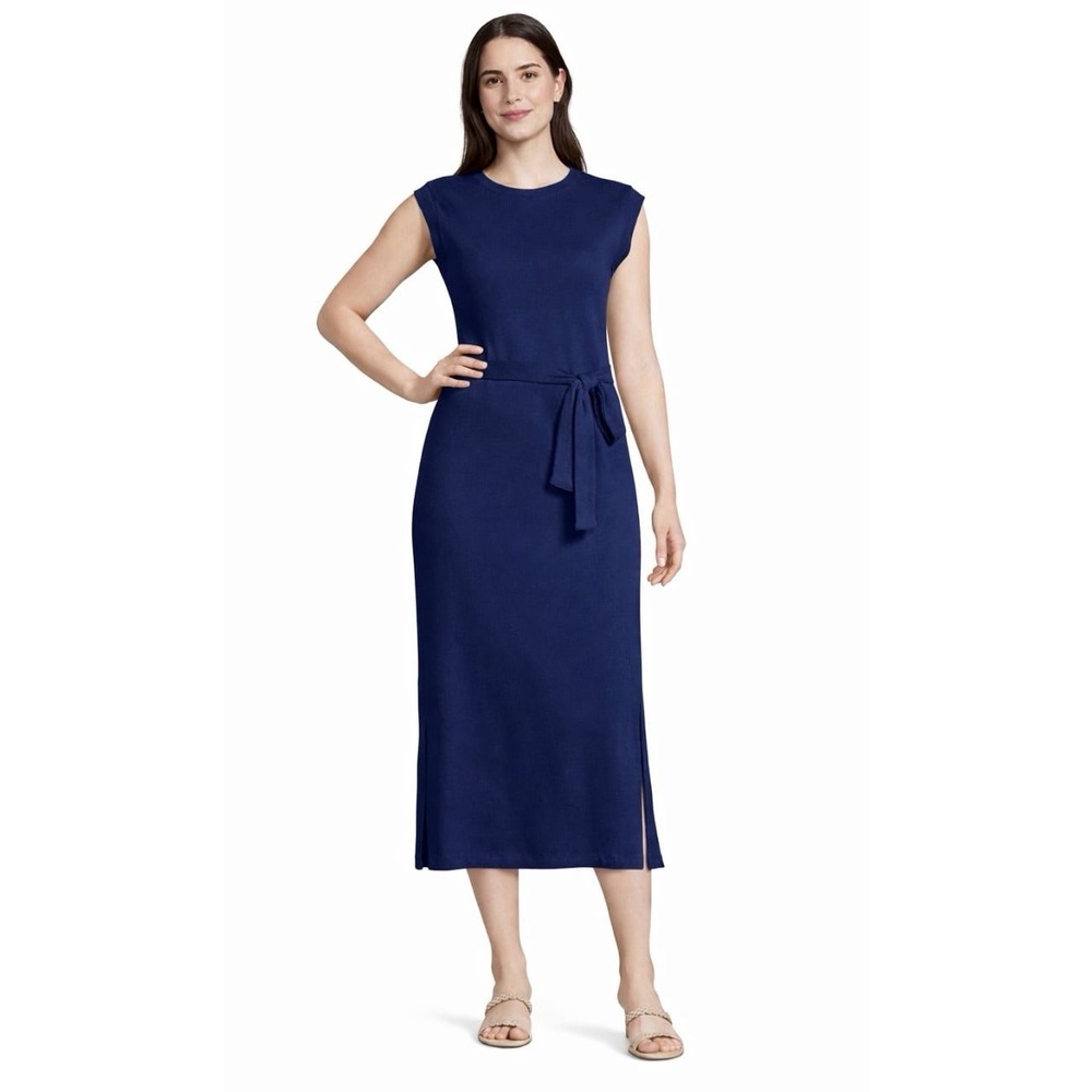 Lands End Midi Ribbed Sleeveless Tie Waist Dress Fall Winter Sz L Side Split
